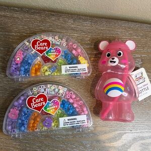 New Target Bullseye Care Bears Bracelets set x2 & Pink Care Bear bottle